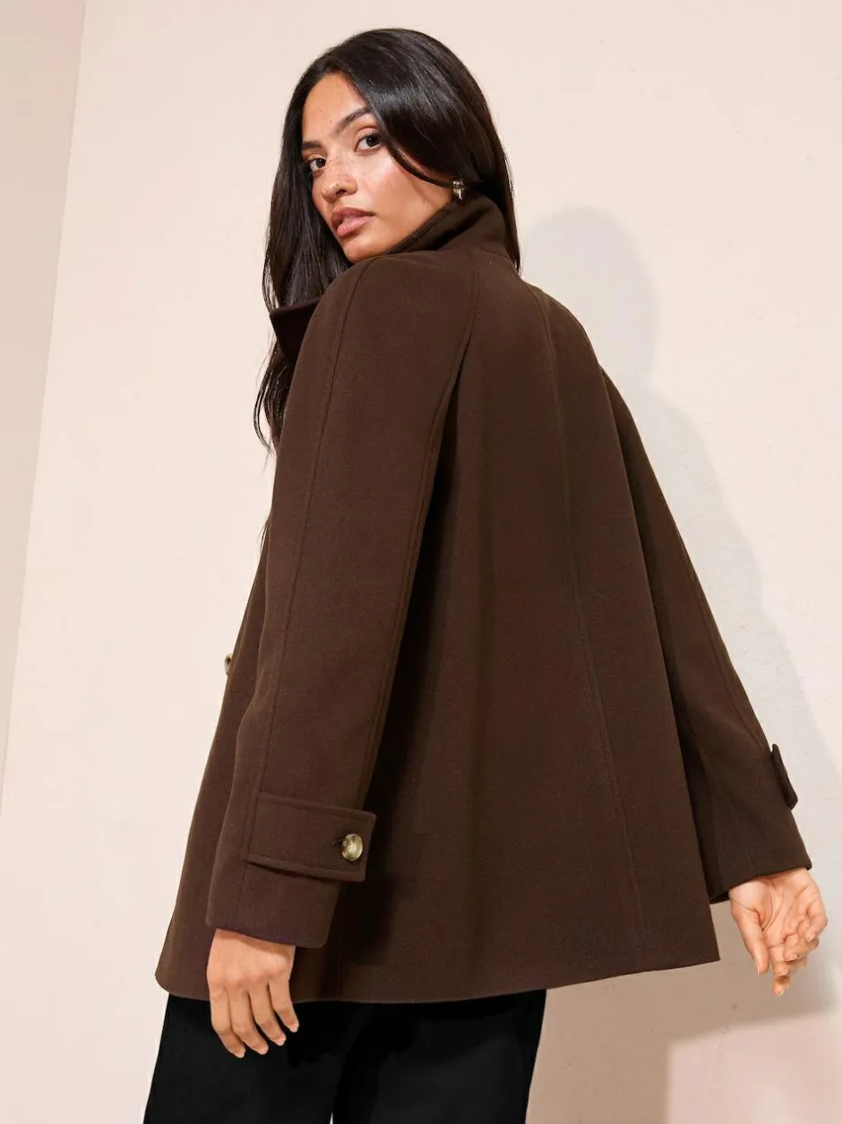 Friends Like These Funnel Neck Button Front Mid Length Coat Chocolate Brown Clearance