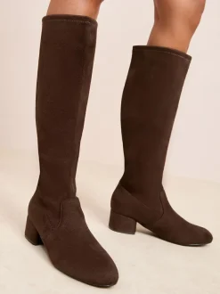Friends Like These Standard fit Low Block Heel Faux Suede Knee High Sock Boots Chocolate Brown Outlet