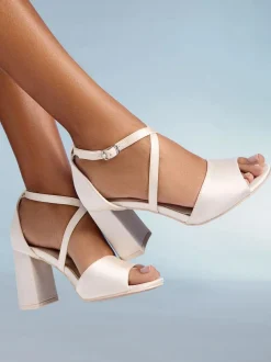 Friends Like These Cream Wide Fit Satin Cross Strap Mid Block Heel Peep Toe Bridal Sandals Outlet