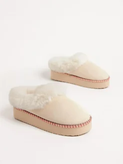 Friends Like These Faux Fur Cuff Embroidered Tape Nightwear Mule Slippers Cream Discount