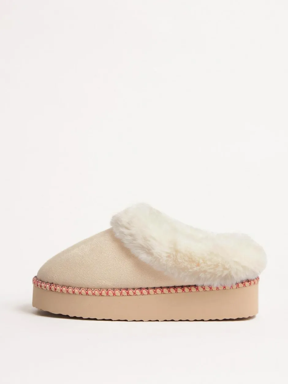 Friends Like These Faux Fur Cuff Embroidered Tape Nightwear Mule Slippers Cream Discount