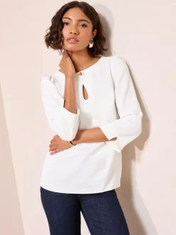 Friends Like These 3/4 Sleeve Keyhole Front Hardware Detail Blouse Cream Sale