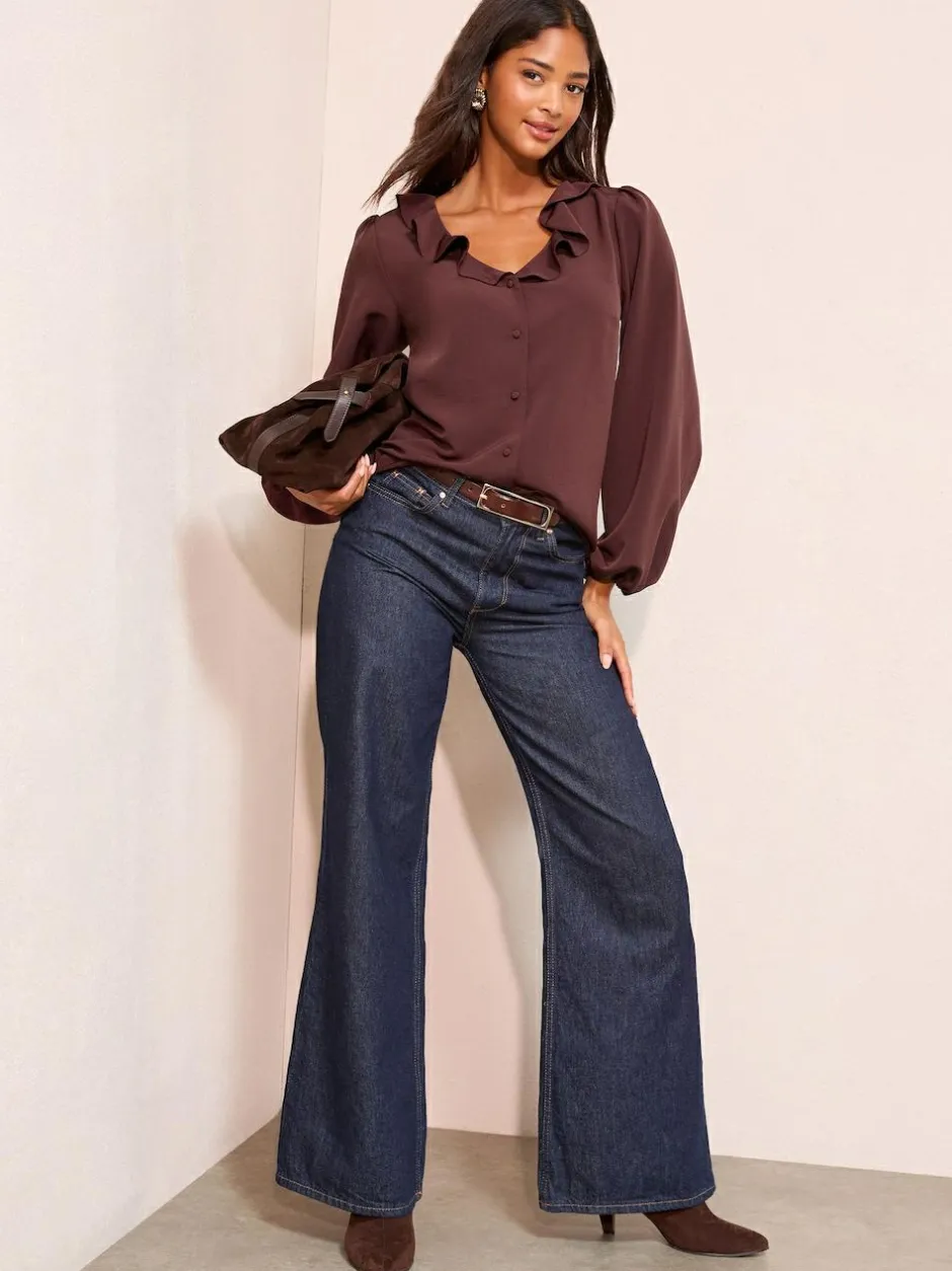 Friends Like These Long Sleeve Button Front Ruffle Blouse Fig Purple Best