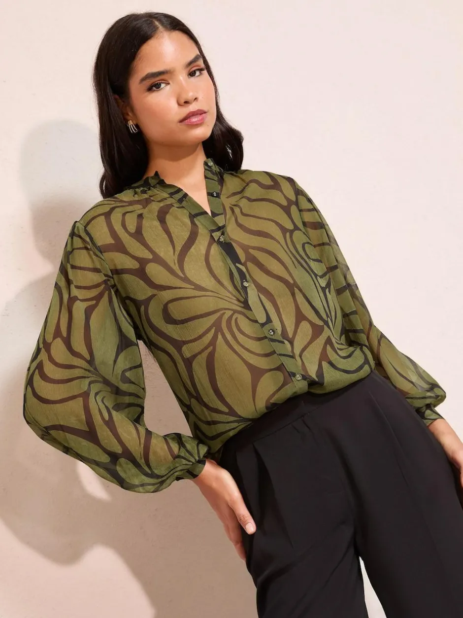 Friends Like These Green Floral Print Collarless Long Sleeve Chiffon Blouse Outlet