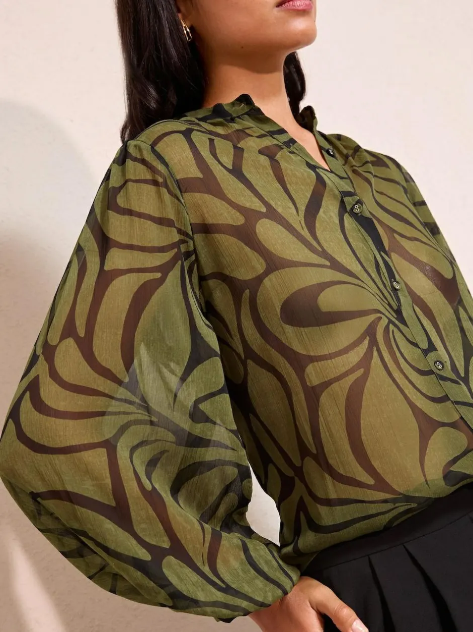 Friends Like These Green Floral Print Collarless Long Sleeve Chiffon Blouse Outlet