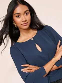 Friends Like These 3/4 Sleeve Keyhole Front Hardware Detail Blouse Navy Best