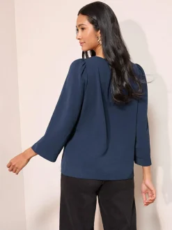 Friends Like These 3/4 Sleeve Keyhole Front Hardware Detail Blouse Navy Best