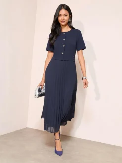 Friends Like These Petite Button Down 2-In-1 Pleated Dress Navy Blue Best