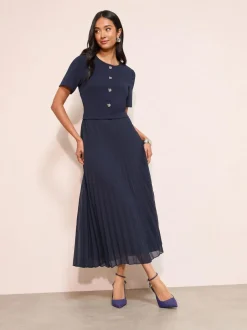 Friends Like These Petite Button Down 2-In-1 Pleated Dress Navy Blue Best