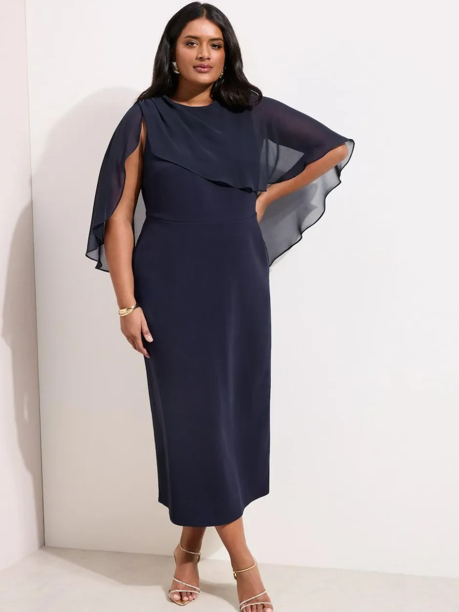 Friends Like These Navy Curve Asymmetric Chiffon Cape Scuba Midi Dress Clearance