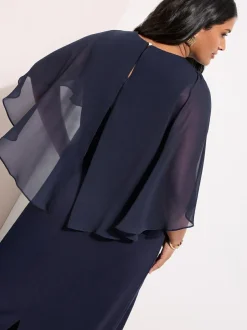 Friends Like These Navy Curve Asymmetric Chiffon Cape Scuba Midi Dress Clearance