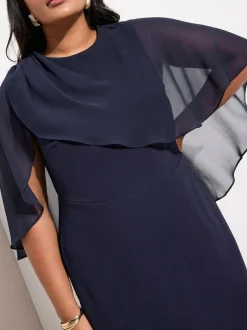 Friends Like These Navy Curve Asymmetric Chiffon Cape Scuba Midi Dress Clearance