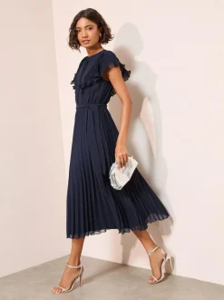 Friends Like These Chiffon Pleated Lace Insert Midi Dress Navy New