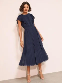 Friends Like These Chiffon Pleated Lace Insert Midi Dress Navy New