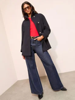 Friends Like These Funnel Neck Button Front Mid Length Coat Navy New