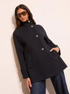 Friends Like These Funnel Neck Button Front Mid Length Coat Navy New