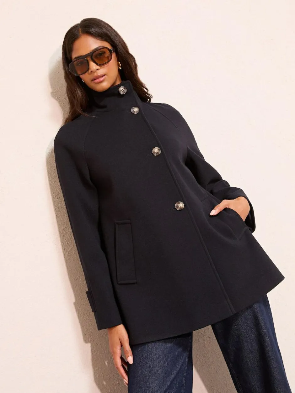 Friends Like These Funnel Neck Button Front Mid Length Coat Navy New