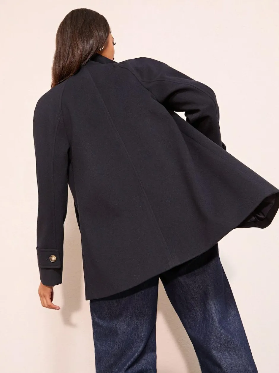Friends Like These Funnel Neck Button Front Mid Length Coat Navy New