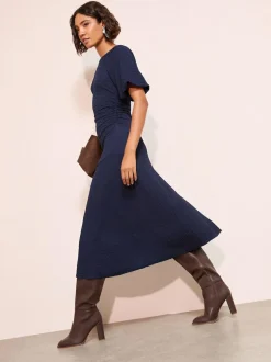 Friends Like These Textured Balloon Sleeve Midi Dress Navy Sale