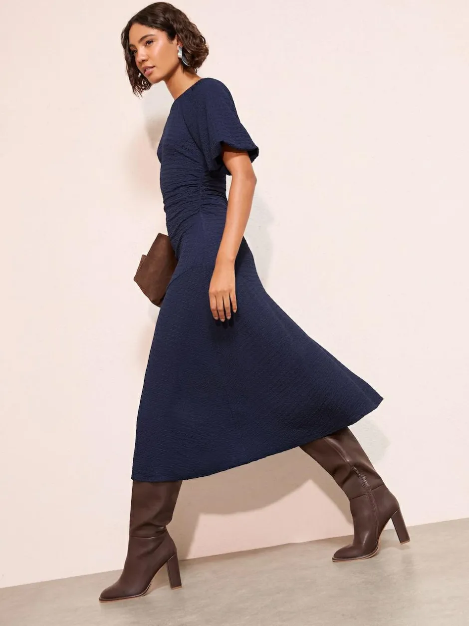 Friends Like These Textured Balloon Sleeve Midi Dress Navy Sale