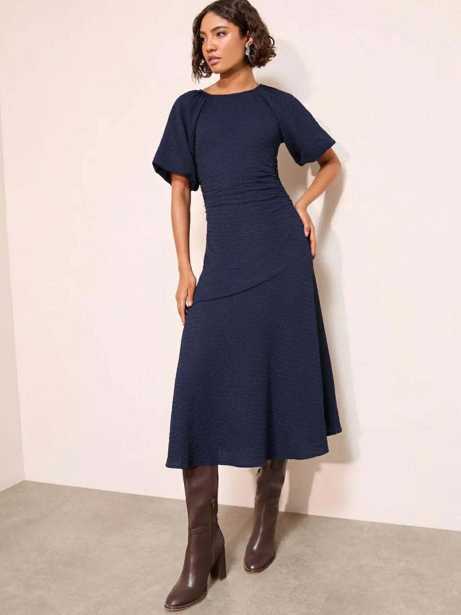 Friends Like These Textured Balloon Sleeve Midi Dress Navy Sale