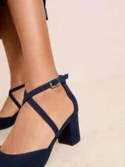 Friends Like These Wide Fit Block Heel Cross Strap Court Shoes Navy Online