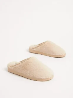 Friends Like These Supersoft Embroidered Tape Faux Fur Nightwear Mule Slippers Neutral Hot