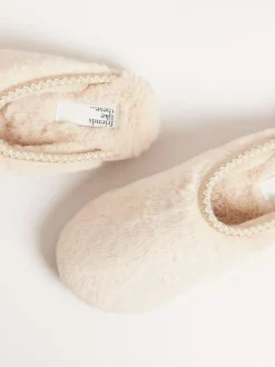 Friends Like These Supersoft Embroidered Tape Faux Fur Nightwear Mule Slippers Neutral Hot