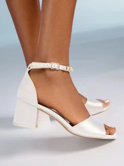 Friends Like These White Satin Low Block Heel Pearl Strap Bridal Sandals Sale