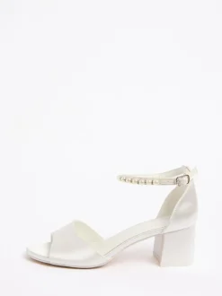 Friends Like These White Satin Low Block Heel Pearl Strap Bridal Sandals Sale
