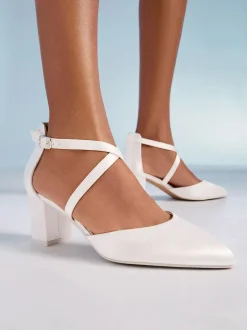 Friends Like These White Wide Fit Satin Mid Block Heel Bridal Court Shoes Outlet