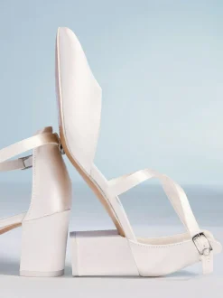 Friends Like These White Wide Fit Satin Mid Block Heel Bridal Court Shoes Outlet