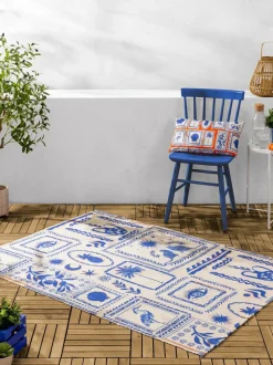 Furn Blue Frieze Abstract Outdoor/Indoor Washable Rug Clearance