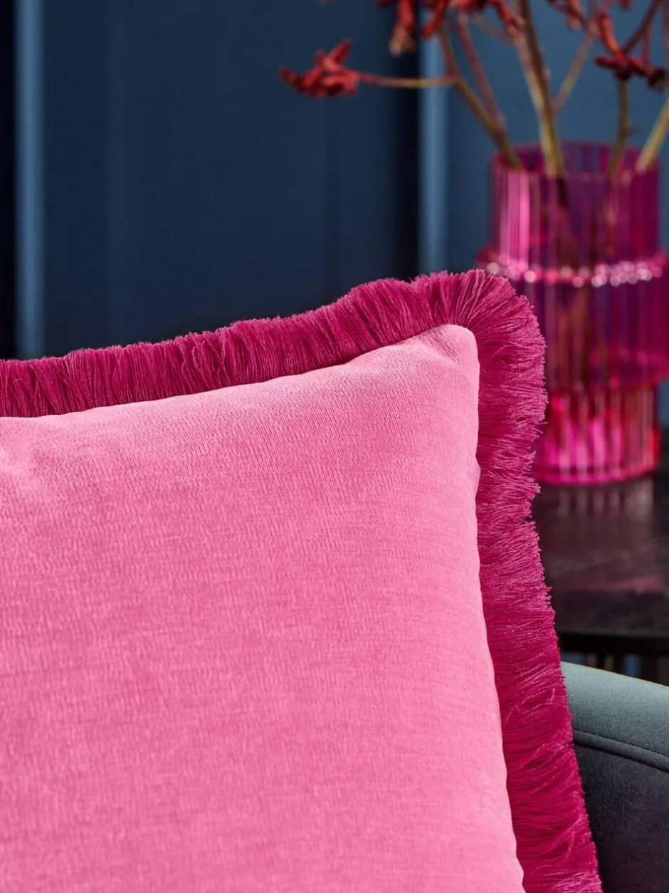 Next Fushsia Pink 45 x 45cm Soft Velour Contrast Fringe Cushion Clearance