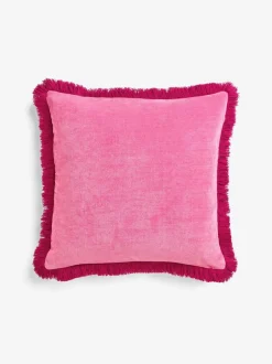 Next Fushsia Pink 45 x 45cm Soft Velour Contrast Fringe Cushion Clearance