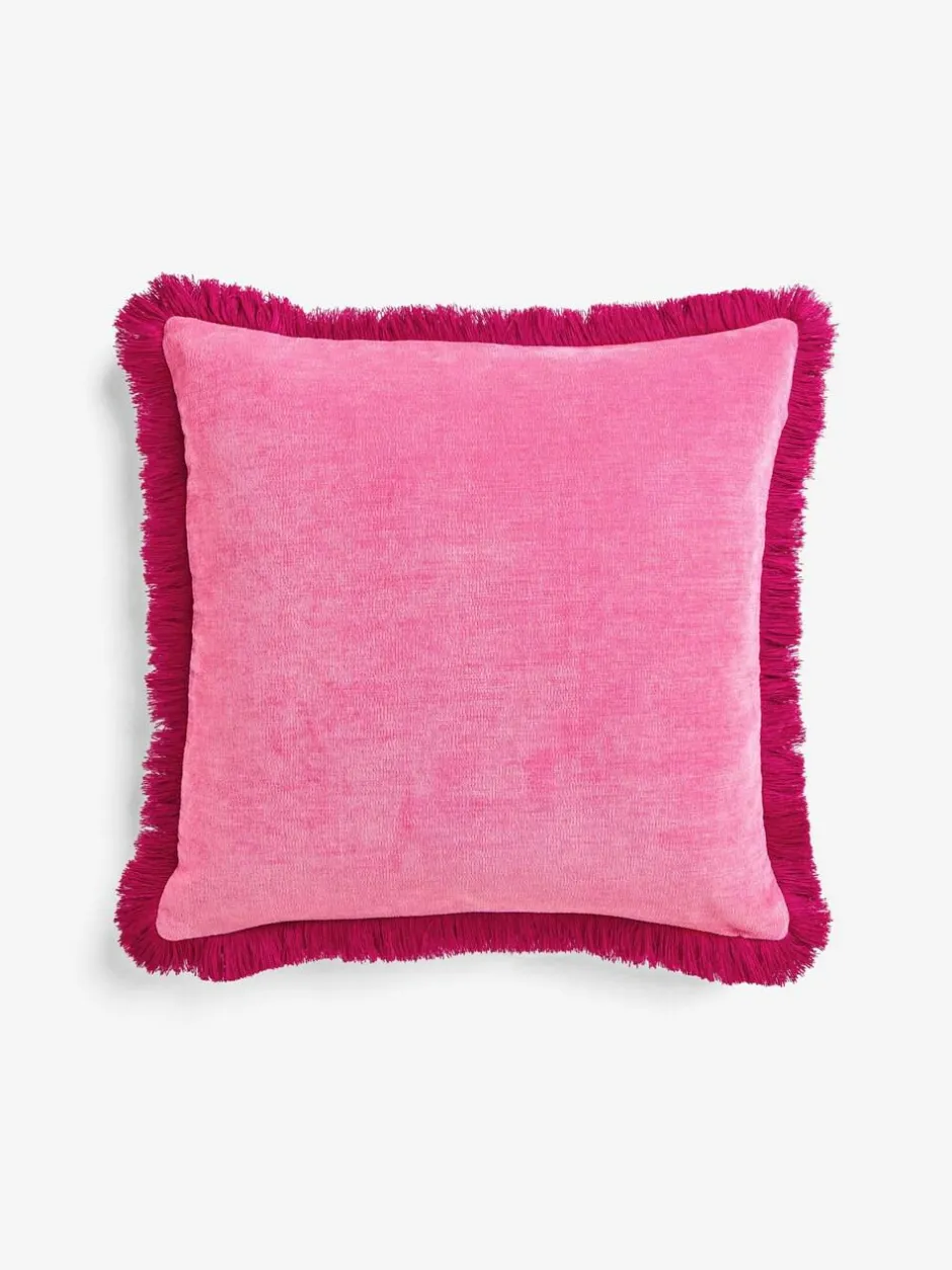 Next Fushsia Pink 45 x 45cm Soft Velour Contrast Fringe Cushion Clearance