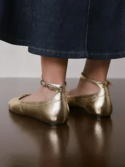 Next Forever Comfort® Leather Ballet Flats With Ankle Strap Gold Hot