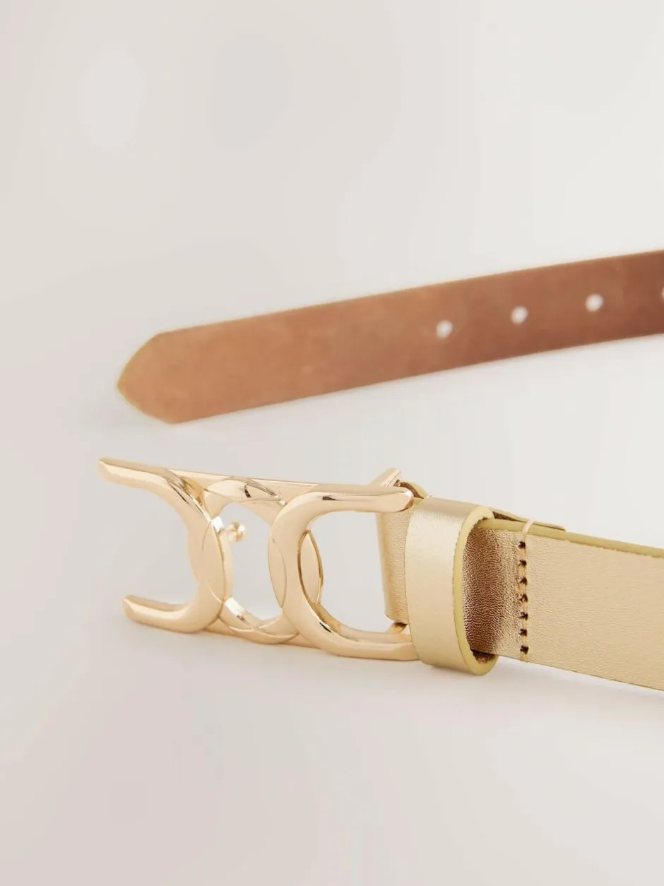 Next Regular Statement Buckle Leather Belt Gold Tone Hot