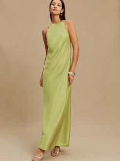 Next Bridesmaids Satin Halterneck Maxi Dress Green Hot