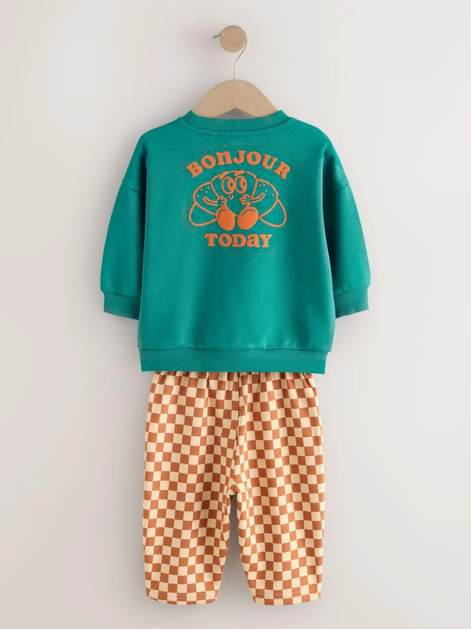 Next Green Croissant Single Sweatshirt And Stripe Joggers Set (3mths-7yrs)