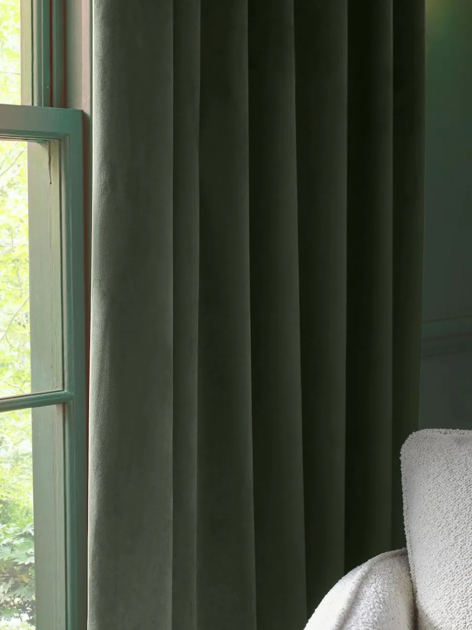 Next Green Dark Matte Velvet Pencil Pleat Blackout/Thermal Curtains Discount