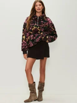 Next Jacquard Teddy Borg Quarter Zip Fleece Sweatshirt Green Floral Discount