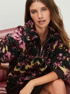 Next Jacquard Teddy Borg Quarter Zip Fleece Sweatshirt Green Floral Discount