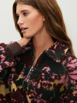 Next Jacquard Teddy Borg Quarter Zip Fleece Sweatshirt Green Floral Discount