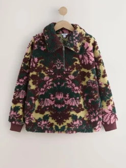 Next Jacquard Teddy Borg Quarter Zip Fleece Sweatshirt Green Floral Discount