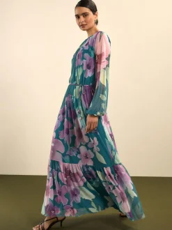 Next Green Floral Long Sleeve Mesh Maxi Dress Online