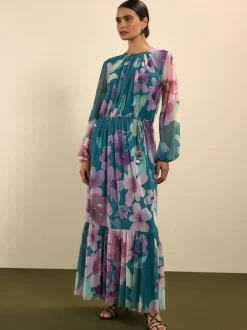 Next Green Floral Long Sleeve Mesh Maxi Dress Online