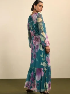 Next Green Floral Long Sleeve Mesh Maxi Dress Online