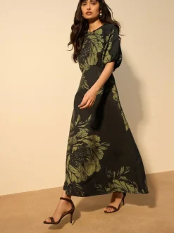 Next Print Puff Sleeve Midi Dress Green Floral Hot