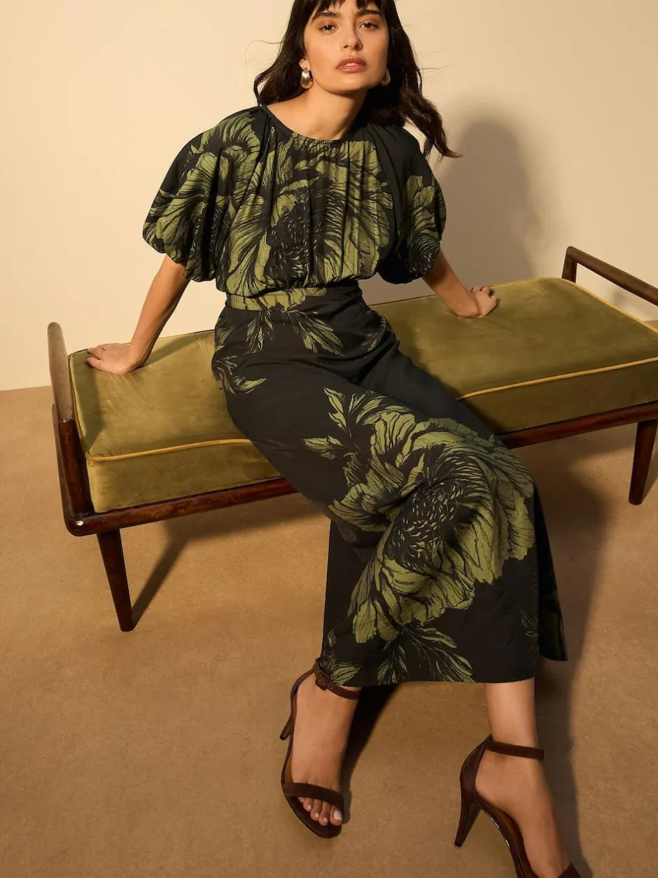 Next Print Puff Sleeve Midi Dress Green Floral Hot